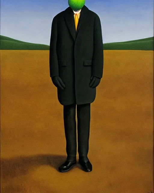 Prompt: oil painting of a man with a kiwifruit covering his face, wearing a bowler hat and overcoat, standing in front of a barren wasteland, by René Magritte