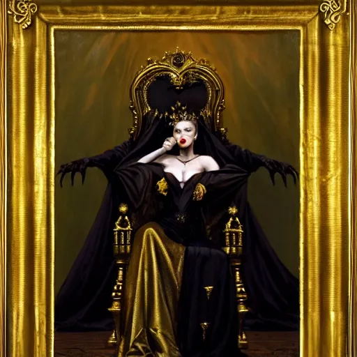 Prompt: perfectly centered portrait of attractive vampire queen in gold gothic robe sitting on a throne of black bones, painting by gaston bussiere, craig mullins, j. c. leyendecker, 8 k, mid shot