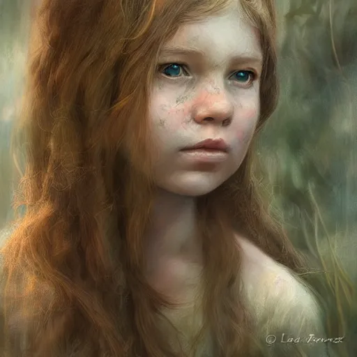 Prompt: a forest child girl portrait by leesha hannigan, fantasy, artwork, digital art, highly detailed face, nature, light, fog
