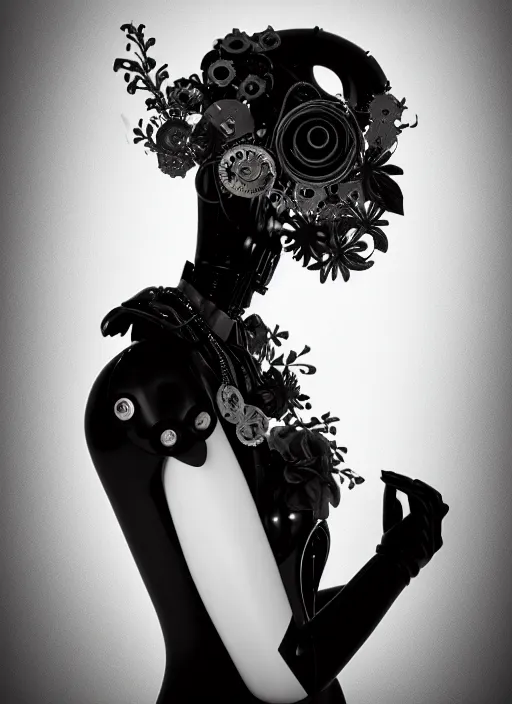 Image similar to black and white dreamy foggy poetic smoky profile face portrait, one silver steampunk realistic eye biomechanical beautiful angelic young female cyborg - robot bust, body ribs meshes,, volumetric light, hibiscus flowers, by cecile beaton, rim light, big gothic fashion pearl embroidered collar, 8 k