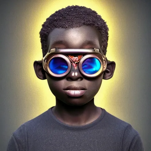 Image similar to colourful vfx upper half - portrait - art of a nigerian boy wearing steam punk goggles, art by stanley artgem lau & tenmyouya hisashi, digital render, digital illustration, concept art, caricature, volumetric light, ray tracing, symmetrical, unreal engine, octane 3 d render, sharp, detailed, intricate detail, pinterest, behance, art station,