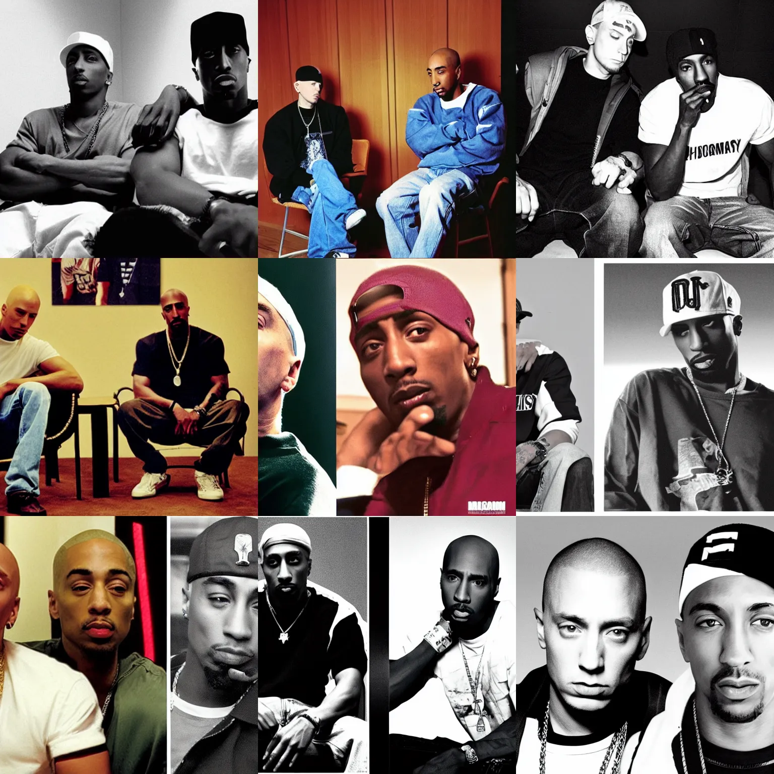 Prompt: Eminem and Tupac Shakur in chairs facing to each other talking