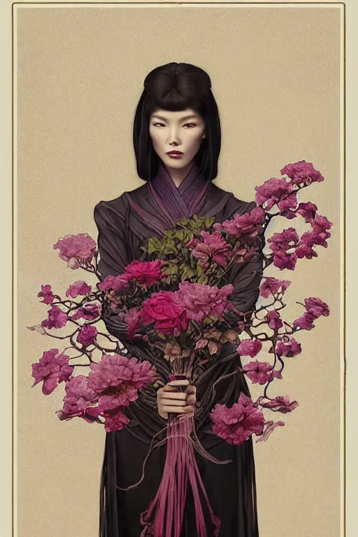 Prompt: full length portrait of a beautiful mysterious chinese humanoid holding bouquet of flowers by eve ventrue, michael carson, andreas rochas, john watkiss, casey weldon, artgerm. art nouveau. tarot card by mucha. gloomhaven. swirly intricate linework background. gaudy colors, sharp edges. octane render