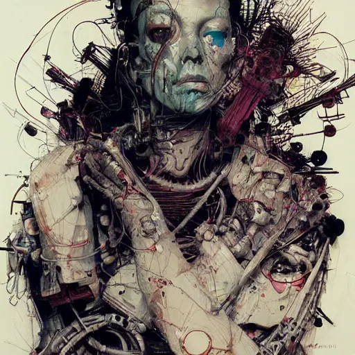 Image similar to a cyberpunk biomechanical hacker, skulls, wires cybernetic implants, machine noir grimcore, in the style of adrian ghenie esao andrews jenny saville surrealism dark art by james jean takato yamamoto and by ashley wood and mike mignola