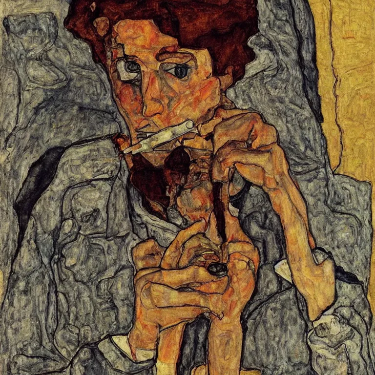 Image similar to portrait of a loner smoking a cigarette by egon schiele