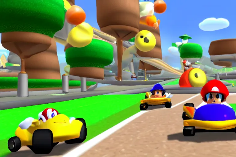 Image similar to whale driving a kart in mario kart double dash, wii screenshot, whale driving a kart