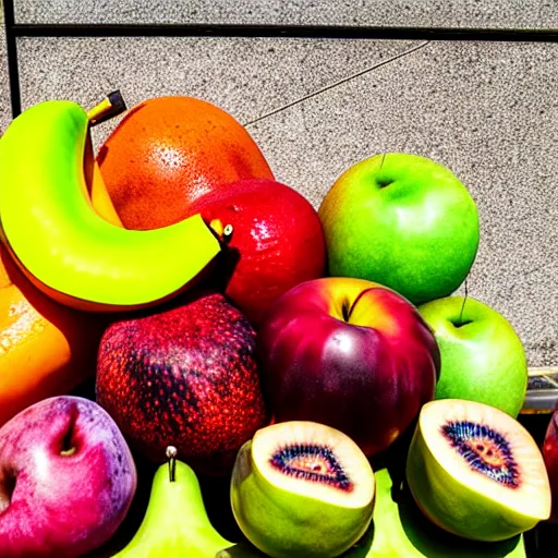 Prompt: uhd photorealistic half eaten and molded fruit on display at a produce stand, uhd hyperdetailed photography