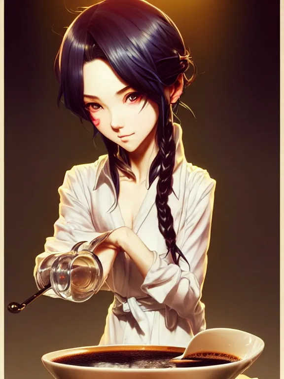 Image similar to full body picture of a bariste drip a coffee, calm and chill, beautiful and aesthetic, intricate, unreal engine, messy hair, highly detailed, detailed face, smooth, sharp focus, chiaroscuro, manga illustration, artgerm, greg rutkowski, ilya kuvshinov, rossdraws, alphonse mucha, young adult light novel cover art