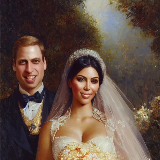 Image similar to detailed painting of prince william marrying attractive kim kardashian, highly detailed painting by gaston bussiere, craig mullins, j. c. leyendecker 8 k, smiling couple, royal painting