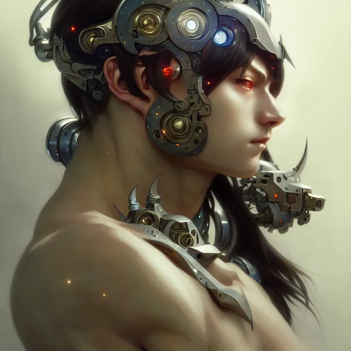 Prompt: animeboy cyborg, diffuse lighting, fantasy, intricate, elegant, highly detailed, lifelike, photorealistic, digital painting, artstation, illustration, concept art, smooth, sharp focus, art by john collier and albert aublet and krenz cushart and skunkyfly and alphonse mucha