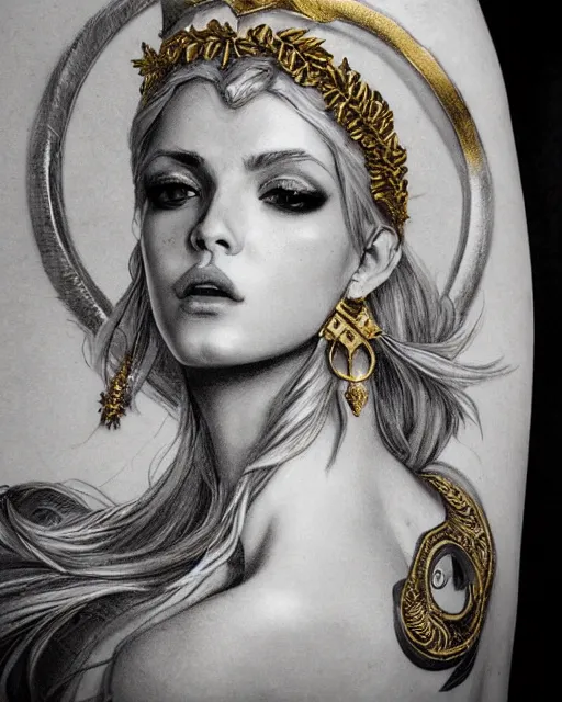 Image similar to tattoo sketch of blonde super model aphrodite greek goddess wearing a gold laurel wreath and triangle earrings, beautiful piercing gaze with sharp pupils, in the style of greg rutkowski, fantasy, amazing detail, epic, elegant, smooth, sharp focus, front view