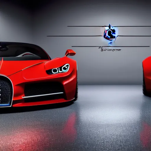 Image similar to still photo of bugatti chiron and ferrari laferrari hybrid, highly detailed, photorealistic portrait, bright studio setting, studio lighting, crisp quality and light reflections, unreal engine 5 quality render