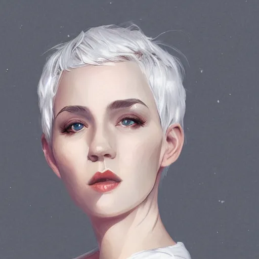 Prompt: portrait of a woman with short white hair, medium shot, illustration, highly detailed, high quality, by wlop