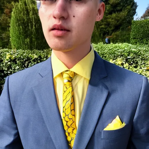 Image similar to a man wearing a suit lemon head