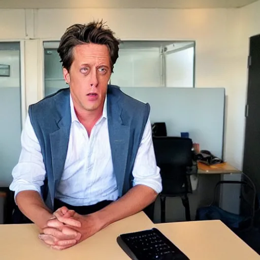 Prompt: cross between michael schumacher and hugh grant sits at a desk and stares at a screen with a concerned expression, optimal focal length