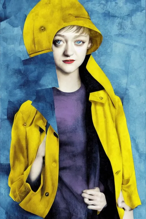 Image similar to Dakota Fanning with short blue hair wearing a yellow trenchcoat by Dave McKean