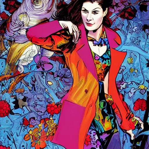 Prompt: rosamund pike with dark - hair as the doctor, wearing a colourful floral pattern three - piece suit, complementary colours, 2 d matte, graphic novel, art by joe madureira and alan davis,