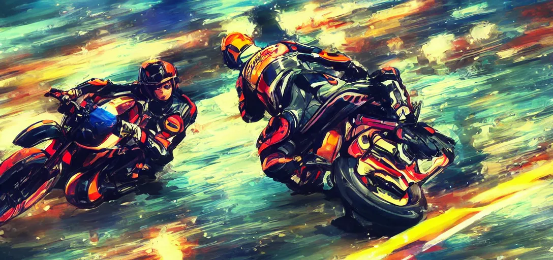 Image similar to motorcycle racing over water, action shot, in the style of makoto shinkai, gritty, bright color hues, high detail