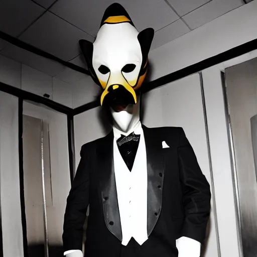 Image similar to photo of a man in a suit wearing a latex mask of a emperor penguin, at a nightclub, back photo