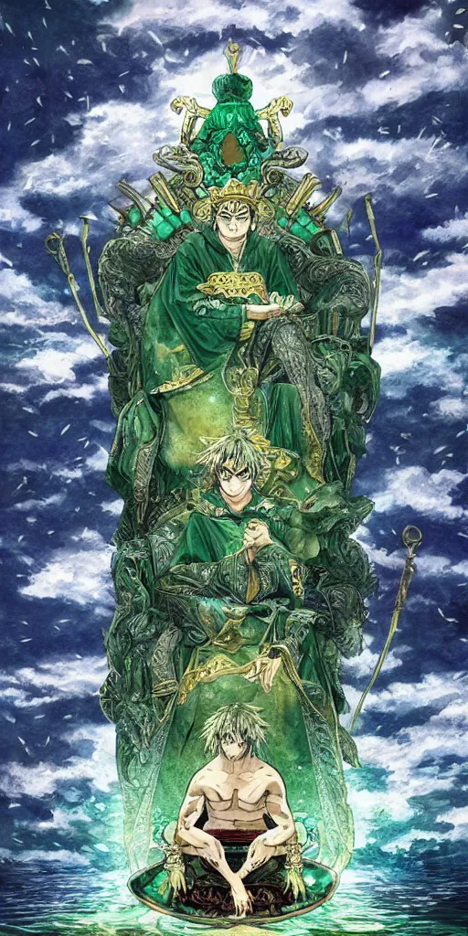 Prompt: a lone emperor sitting on a emerald throne floating on water in the middle of a lake drawn by Makoto Yukimura in the style of Vinland saga anime, full color, detailed, psychedelic, Authority, structure, a father figure, tarot card