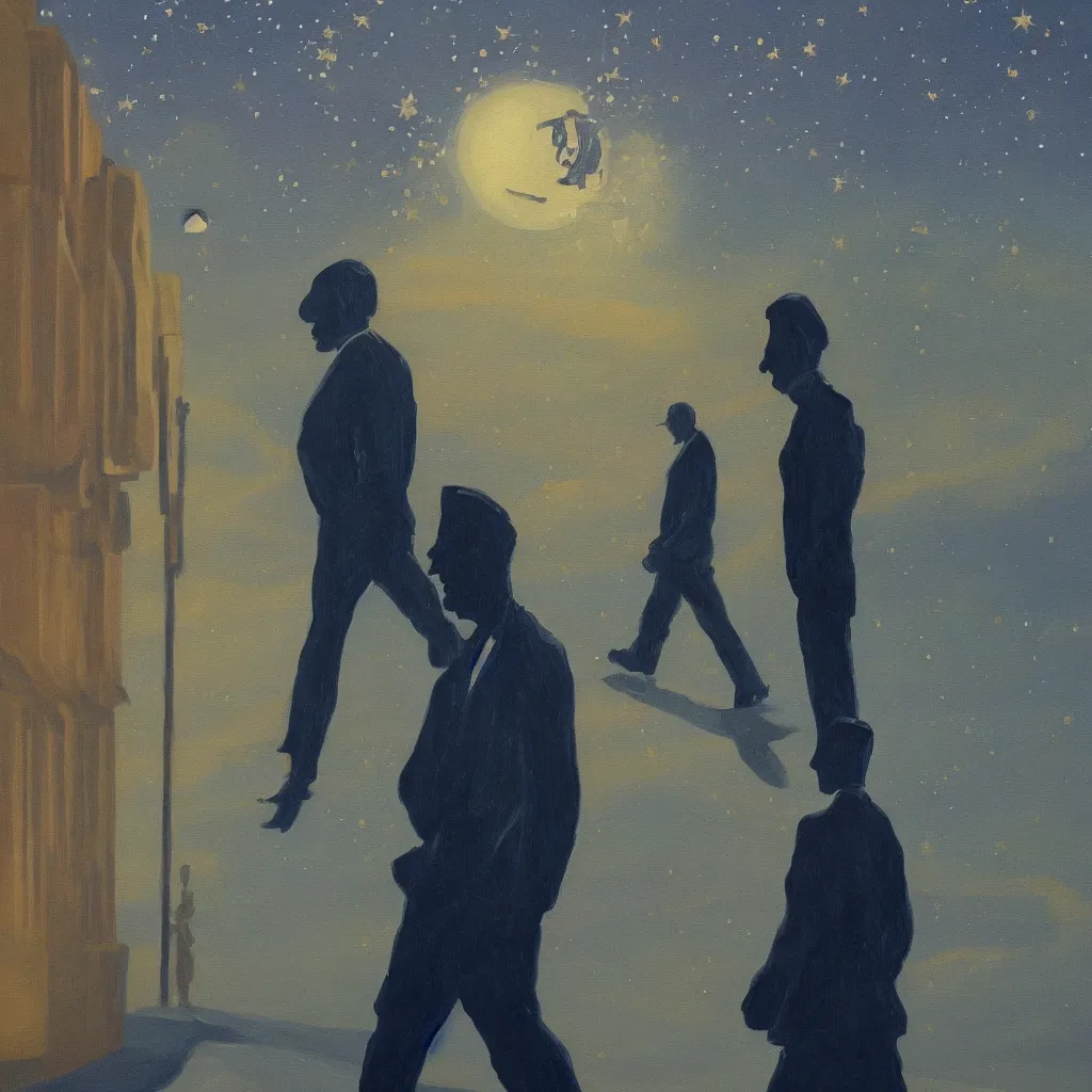 Image similar to a painting of a man walking down a lonely street on another planet and the sky is covered in stars, the head of the man is a skull, he is wearing a suit, in the style of edward hopper, 4 k,