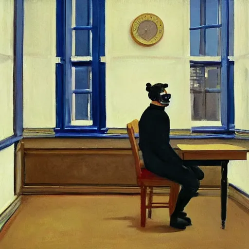 Image similar to A fine art painting of a man wearing Vr goggles and a puffa jacket, he creating the metaverse at a desk through a window on a British street. In the style of Edward Hopper and Wes Anderson