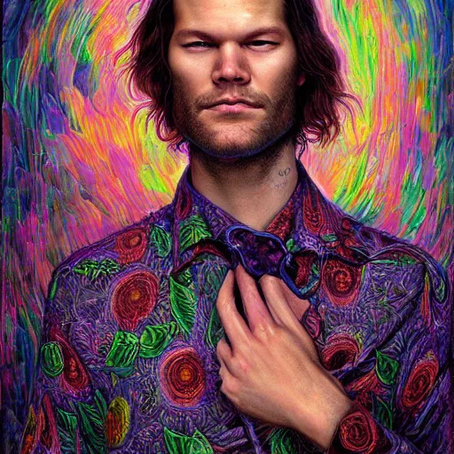 Prompt: portrait of jared padalecki, hyper detailed masterpiece, neon floral pattern, jean giraud, digital art painting, darkwave goth aesthetic, psychedelic, artgerm, donato giancola and tom bagshaw