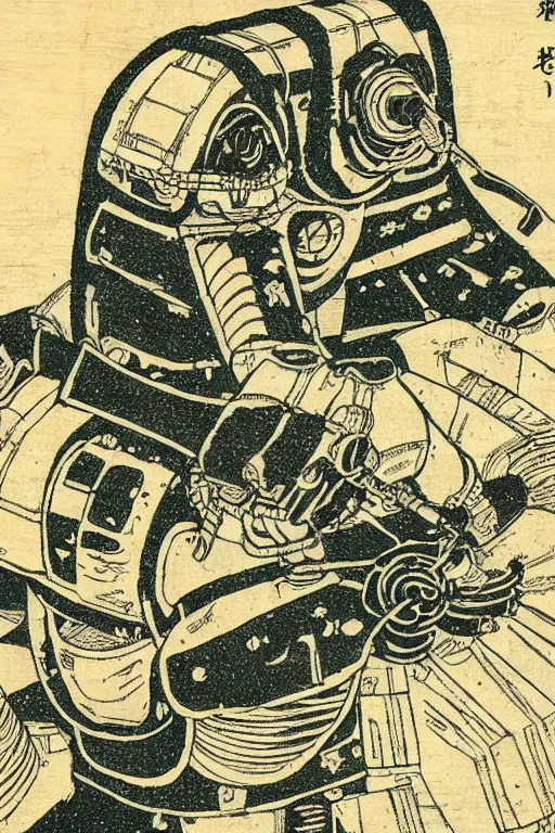 Prompt: Japanese woodblock print of a doomsday robot