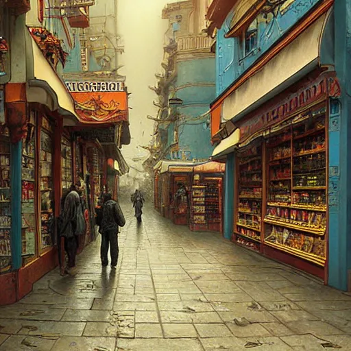 Prompt: A fantasycore of a convenience store with photograph of 2099 portugal lisbon on the street of a very highly detailed eldritch city matte rational painting art by Greg Rutkowski, a 12x(very) much detailed Dimensional cyan gold natural light, highly detailed by alphonse mucha, a 12x(very) much detailed by Eta Cru and James Gurney and Donato Giancola, composition by alphonse mucha