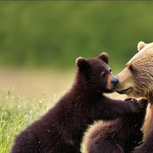 Image similar to a bear cub with his mother, photo taken by nikon, wildlife photography, nature magazine, tele lens