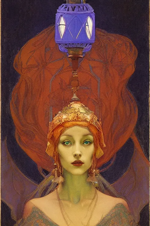 Prompt: queen of the dark angels with her lantern by Annie Swynnerton and Nicholas Roerich and jean delville, strong dramatic cinematic lighting , ornate headdress , flowing robes, lost civilizations, smooth, sharp focus, extremely detailed