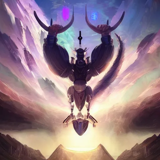 Image similar to the ancient world, hyper complexity, highly detailed, cinematic lighting, pastel colored sunrise, flying robotic racoon with gold metal huge wings on its back in the cloudy sky, sharp outlines, complete whole shrimp body, another sleeping racoon face in the clouds watching each other, hyperrealistic, trending on pixiv fanbox, love death robot,