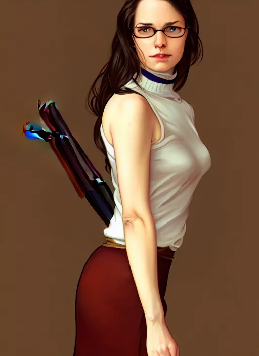 Image similar to portrait of a full body of beautiful young female secretary, d & d, sleeveless turtleneck, pencil skirt, fantasy, flat lighting, intricate, highly detailed, digital painting, artstation, concept art, smooth, sharp focus, illustration, art by simon bisley and greg rutkowski and alphonse mucha, natural tpose