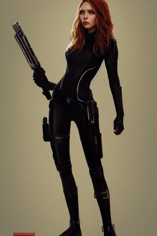 Image similar to Full body long camera shot of very beautiful, elizabeth olsen as black widow, full of details, digital illustration, concept art, smooth, by Ina Wong and wlop ，trending on cgsociety and artstation，8kHDR，studio light effect