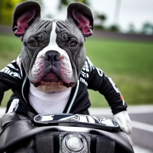 Image similar to Gray American Bully Dog riding a motorcycle wearing Lewis Hamilton Mercedes Petronas merchandise