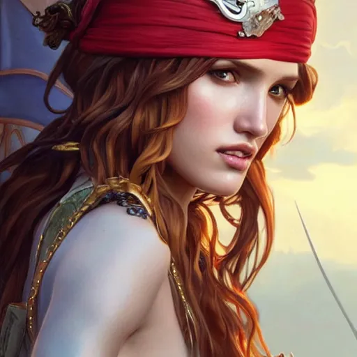 Image similar to ultra realistic illustration, bella thorne as pirate, intricate, elegant, highly detailed, digital painting, artstation, concept art, smooth, sharp focus, illustration, art by artgerm and greg rutkowski and alphonse mucha