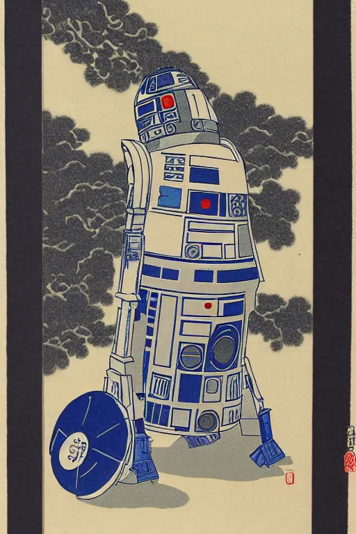 Prompt: Japanese woodblock print of r2d2
