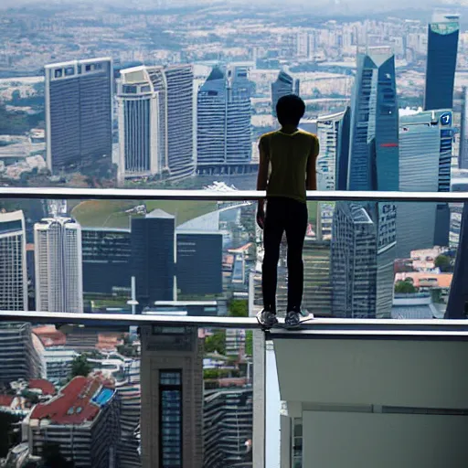 Image similar to a singaporean student stands on the top of a building, looking out at the world, by moebius