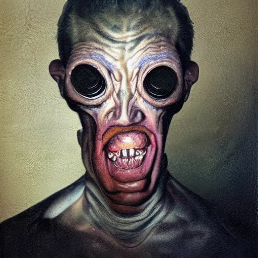 Prompt: oil painting by christian rex van minnen of a portrait of an extremely bizarre disturbing mutated man with intense chiaroscuro lighting perfect composition masterpiece strangely beautiful