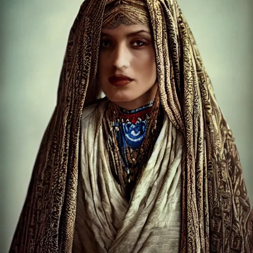 Image similar to vintage portrait of a stunningly beautiful arabic tribal female, depth of field, zeiss lens, detailed, symmetrical, centered, fashion photoshoot, by edward s curtis, Annie Leibovitz and Steve McCurry, David Lazar, Jimmy Nelsson, Breathtaking, 8k resolution, extremely detailed, beautiful, establishing shot, artistic, hyperrealistic, beautiful face, octane render