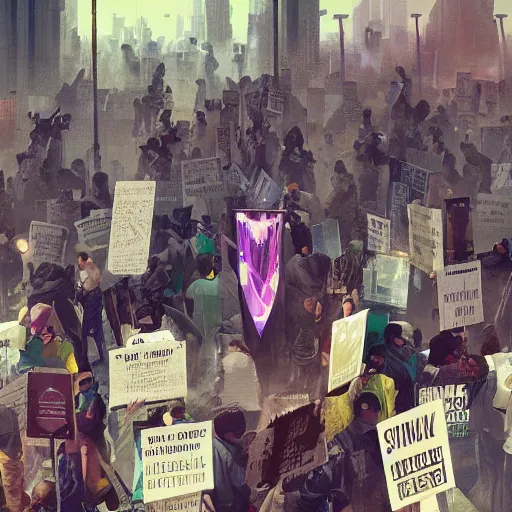 Prompt: protesters holding placards, detailed digital illustration by greg rutkowski, cyberpunk, android netrunner