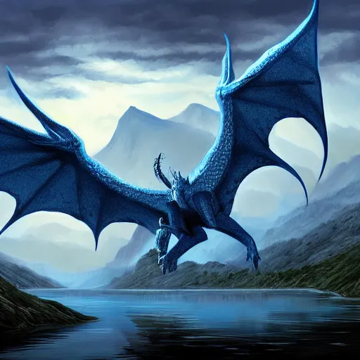 Prompt: blue dragon flying over a lake, mist, fog, lightning and thunder, mountains in background, detailed digital painting, dungeons and dragons, trending artstation