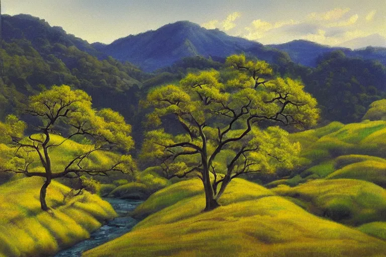 Image similar to masterpiece painting of oak trees on a hillside overlooking a creek, dramatic lighting, by hiro osono