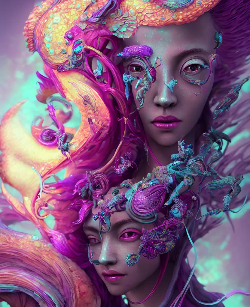 Image similar to goddess full color painted acryllic sculpture close-up portrait. orchid bird phoenix head, nautilus, skull, betta fish, bioluminiscent creatures, intricate artwork by Tooth Wu and wlop and beeple. octane render, trending on artstation, greg rutkowski very coherent symmetrical artwork. cinematic, hyper realism, high detail, octane render, 8k