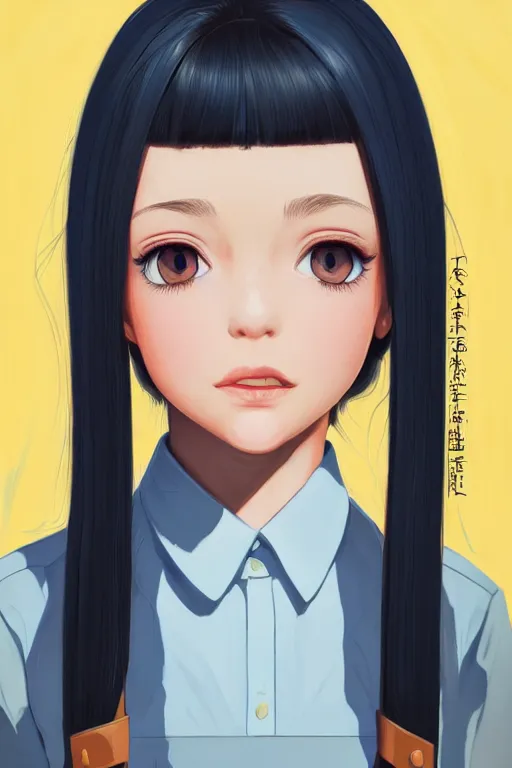 Prompt: a headshot of a very happy cute girl with shoulder - length white hair wearing school uniform, sharp focus, illustration, morandi color scheme, art station, high detailed, by ilya kuvshinov