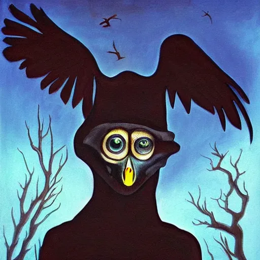 Prompt: surrealism painting of a raven by the blair witch project | horror themed | creepy