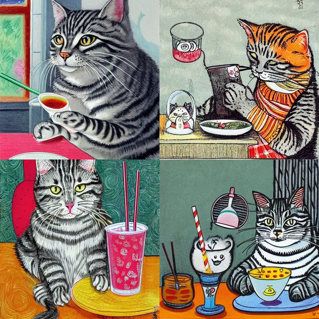 Prompt: a gray tabby cat with a white nose drinking boba tea through a straw by louis wain