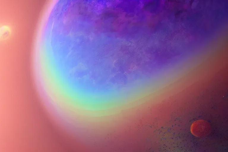 Prompt: an artist's rendering of a purplish planet with pastel rainbow - coloured rings around it. dpace art, iridescent, terragen. cg society contest winner, sharp image, uhd, made in space engine