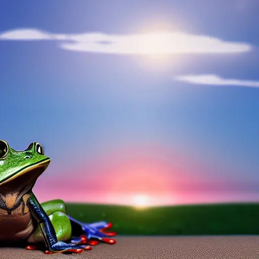 Image similar to frog on a beuatifull hill watching a sinset as he sits behind a computer, photorealistic