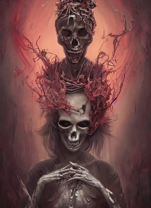 Prompt: Angry Queen of Hearts, Death Tarot card,highly detailed,half skull face,cinematic,8k,by Stanley Artgermm,Tom Bagshaw,Greg Rutkowski,Carne Griffiths, Ayami Kojima, Beksinski, Giger,trending on DeviantArt,hyper detailed,horror, full of colour